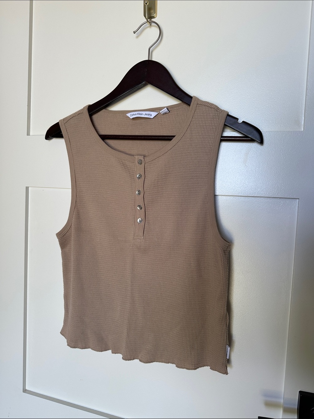 Calvin Klein Jeans Ribbed Henley Tank Top in Taupe